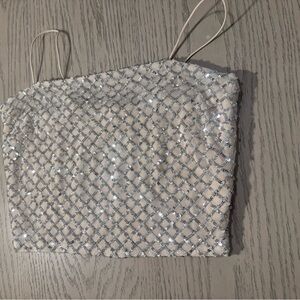 Sequin Mesh Crop Top in Ivory